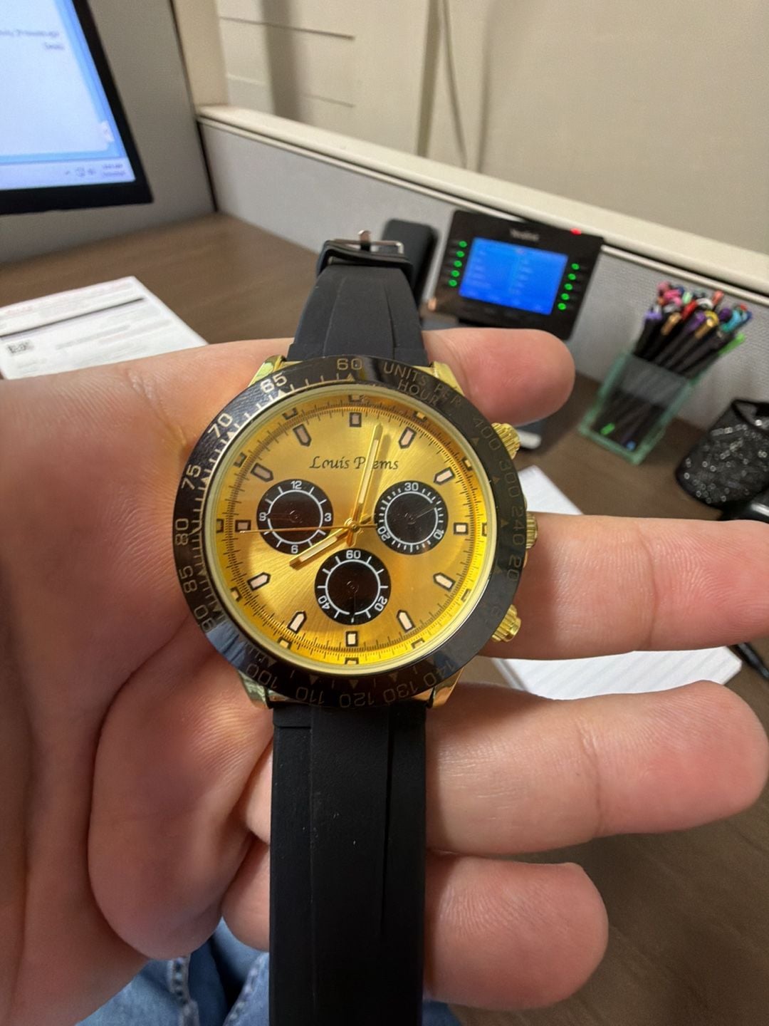 Leuis Poems Gold Tone Chronograph Watch With Yellow Dial